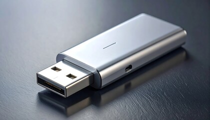 Silver USB Flash Drive on Metal Surface.