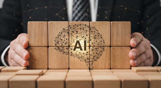 Innovative AI concept showcased with wooden blocks and networking graphics - Powered by Adobe