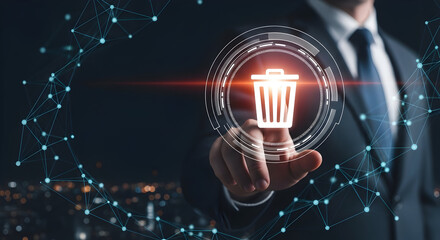Confident businessman deleting files with futuristic interface on dark background