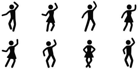 Dancing stickman silhouettes performing various joyful dance poses and movements expressing celebration, happiness, and rhythm concept