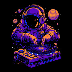 Vibrant astronaut DJ with headphones mixing music on turntable in outer space. Cosmic neon illustration for sci-fi and retro-futuristic themes.