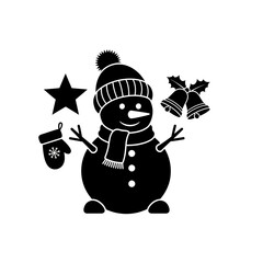 Cute Black and White Snowman Illustration with Christmas Elements.