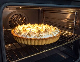A close-up of a freshly baked tart, placed in the oven on a rack. The browned meringue crown is set