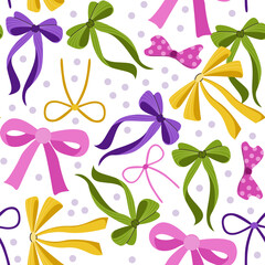 Seamless pattern with colorful ribbons, bows, polka dot on white background. Design for wrapping paper, textile prints, feminine invitations, children's decor, packaging