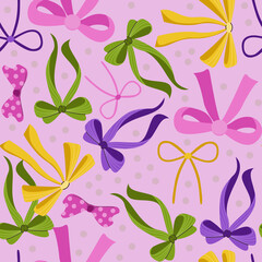 Seamless pattern with colorful bows, ribbons, dots on a soft pink background. Design for wrapping paper, textile prints, feminine invitations, children's decor.