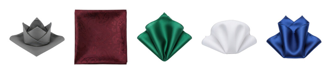 Silk pocket square set including varied folds like rose, shell, and pointed, plus a paisley pattern. Menswear accessories.