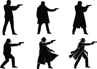 Silhouette gunman figures, noir detective style, mafia gangster poses, armed men with pistols, dramatic action stance illustration, Christmas zombie