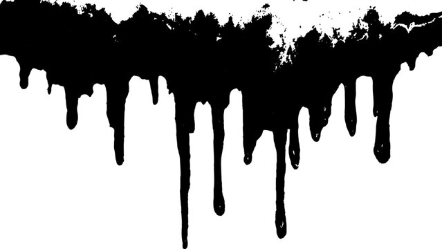 Black dripping paint isolated on white background. Dark dripping liquid abstract art. 