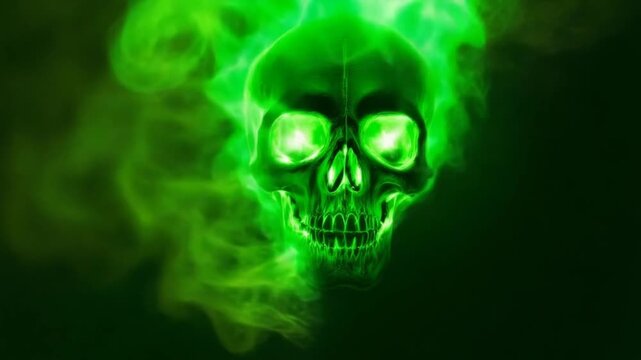 Eerie Green Skull with Glowing Eyes and Smoke Effects.