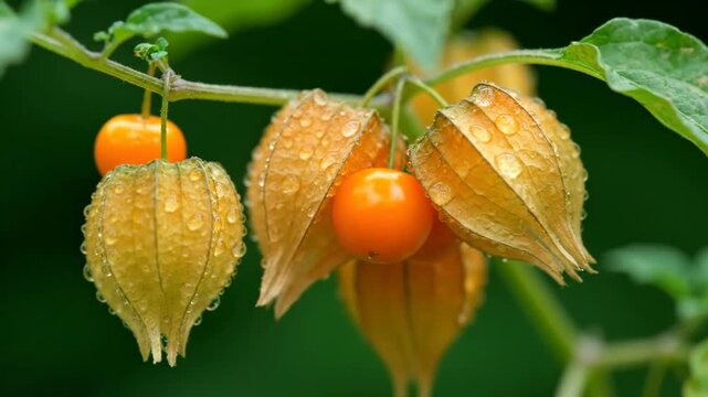 Vibrant Physalis Fruits in Natural Setting - This close-up video showcases a cluster of physalis fruits, also known as ground cherries, nestled within their papery husks.