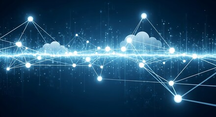 Modern cloud computing network with glowing connections for a futuristic technology landscape design showcasing global connectivity and data streams online