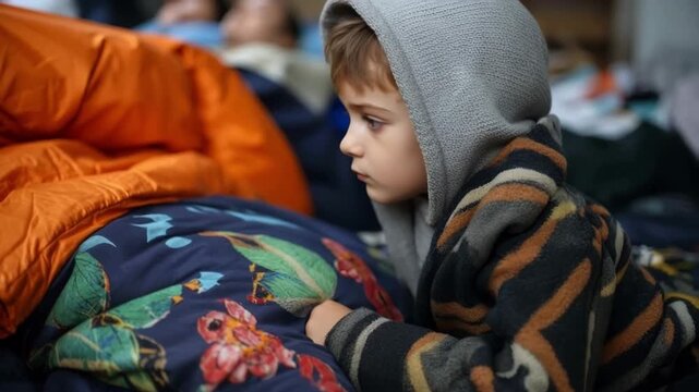A boy lies in bed, gazing thoughtfully at the viewer, covered with a warm hooded blanket. The theme is that of displaced persons