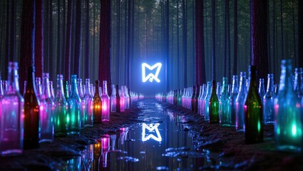 A mesmerizing display of glass bottles illuminates a forest scene, their reflections creating a captivating symmetrical design, all bathed in an otherworldly glow, creating a surreal artistic vision.