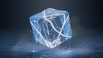 A mesmerizing, futuristic ice cube, sculpted with an aesthetic interplay of freezing and fracturing, floating in a mystical and dark environment.