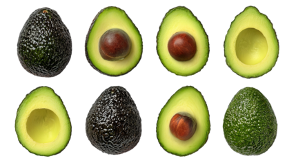 set of avocado top view isolated on transparent white background