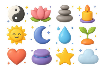 Harmony Icon Set. Balance and harmony. 3D icons set of balance and harmony: yin yang symbol, lotus flower, balanced stones, candle, sun, moon, water droplet,