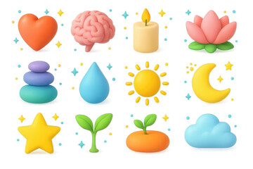 Naklejka premium Emotional Balance Icons. Emotional balance. 3D icons set of emotional balance: heart, brain, candle, lotus flower, balanced stones, water droplet, sun, moon,