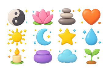 Harmony Icons Collection. Harmony symbols. 3D icons set of harmony symbols: yin yang symbol, lotus flower, balanced stones, heart, sun, moon, star, water