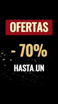 Animaci&oacute;n de varios carteles que pone: ofertas hasta un 70%, 50%, 30%, con explosi&oacute;n de confeti dorado