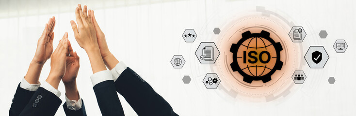 Concept of ISO certification for business quality management. This international standard ensures...