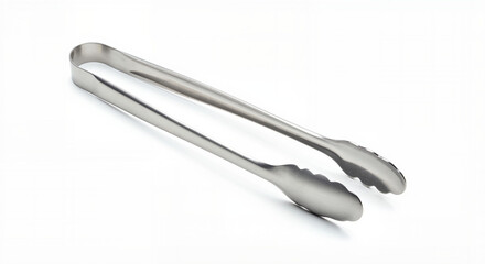 Stainless steel kitchen tongs on a white background for cooking and serving