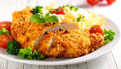 A beautifully plated meal featuring breaded chicken breast, garnished with tomatoes, broccoli, herbs, pasta and lemon