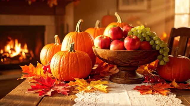 Cozy Autumn Harvest Display - A warm autumn scene featuring a rustic wooden table adorned with pumpkins, apples, and grapes, complemented by colorful fall leaves.