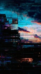 Fototapeta premium Glitch Cityscape: An abstract cityscape is overlaid with a striking digital glitch effect, portraying a dramatic sky, evoking a sense of technological disruption and urban intensity.