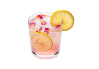 Rose Lemonade Cocktail with Lemon Slices and Ice on White