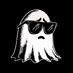 Cool and melancholic cartoon ghost wearing stylish sunglasses, floating with a subtle sad expression. Spooky yet charming illustration.