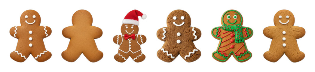 Naklejka premium Gingerbread cookie set including various decorated and plain versions isolated. Festive Christmas holiday treat collection.