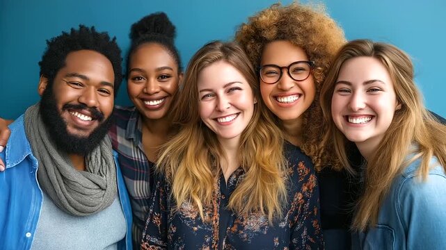 A group of diverse young adults, including interracial couples and plus-size individuals, posing closely together, diversity, inclusivity, interracial couples, plus-size models, fr