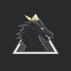 Powerful dark fantasy dragon head emblem with glowing eyes and sharp scales, framed by a striking triangle.