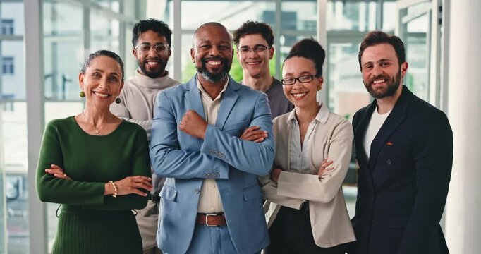 Smile, face and team with business people in office for solidarity, about us or support. Community, corporate partnership and mission with group of employees in agency for diversity and collaboration