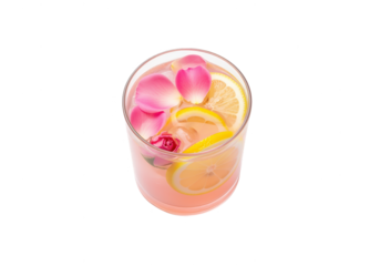 Refreshing Rose Lemonade with Lemon Slices and Rose Petals on White