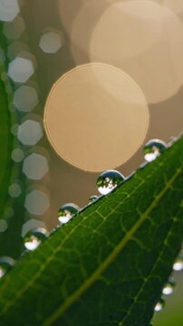 Gouttes de ros&eacute;e sur feuille verte
