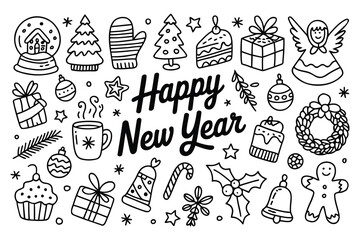 Happy New Year Hand Drawn Doodle Set for Christmas Celebration