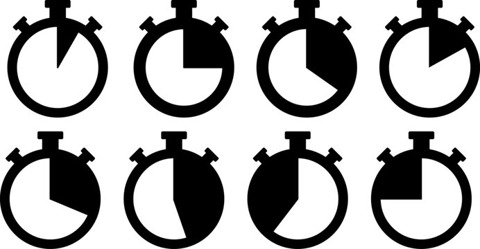 Eight stopwatches showing different time intervals