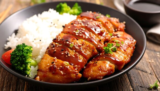 A close-up shot of a plate featuring sliced glazed poultry, a scoop of cooked white rice, and broccoli florets