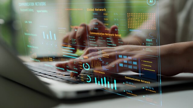 Data center monitoring dashboard visualize network performance, connection status, usage rate, and telecommunication insight. Data center monitoring efficiency improvement network transparency. Thunk