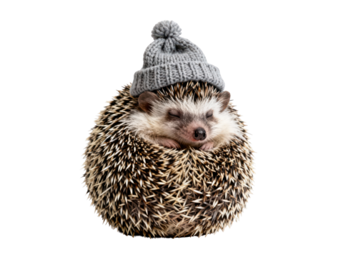 Adorable Hedgehog Wearing Knitted Hat Sleeping on White
