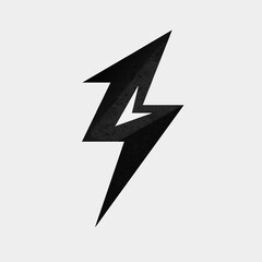 Modern black stylized lightning bolt icon with textured grunge effect on a light background. Symbol of power, energy, speed, and electricity.