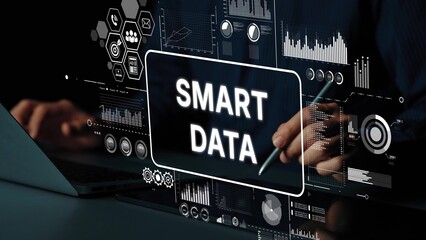 Fototapeta premium Modern Digital Interface Focused on Smart Data Analytics with Charts and Graphs in a Dark Environment. Asymptotic smart data analytic.