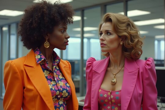 Two professionals in retro 80s attire engage in a formal conversation in a contemporary office environment.