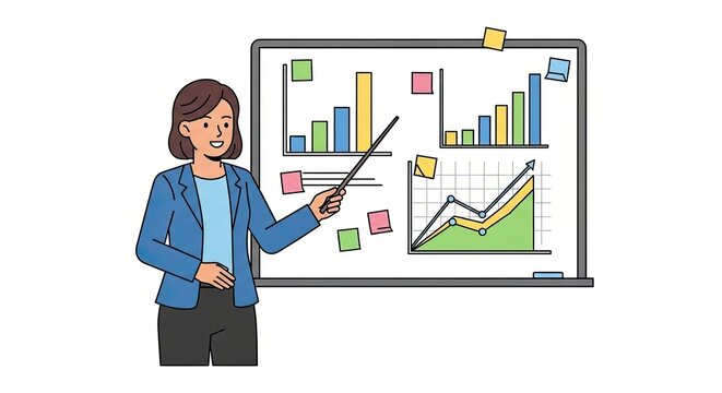 Business Woman Presenting Financial Data Charts on Whiteboard