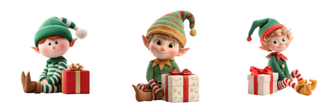 Set of A cheerful Christmas elf boy dressed in green and red on transparent png background. Ai generated