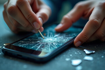 Precision Work: Hand Carefully Weaving Wire Through Shattered Phone Screen