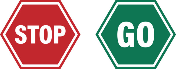 Red stop sign and green go sign side by side