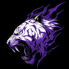 Fierce purple and white roaring tiger head illustration with fiery elements on a dark background. Powerful wild animal mascot graphic.