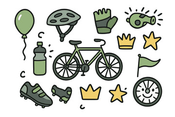 Cycling Adventure Icons. Cycling doodle icon set: hand drawn icons of bike, helmet, shoes, bottle, gloves, whistle, crown, star,